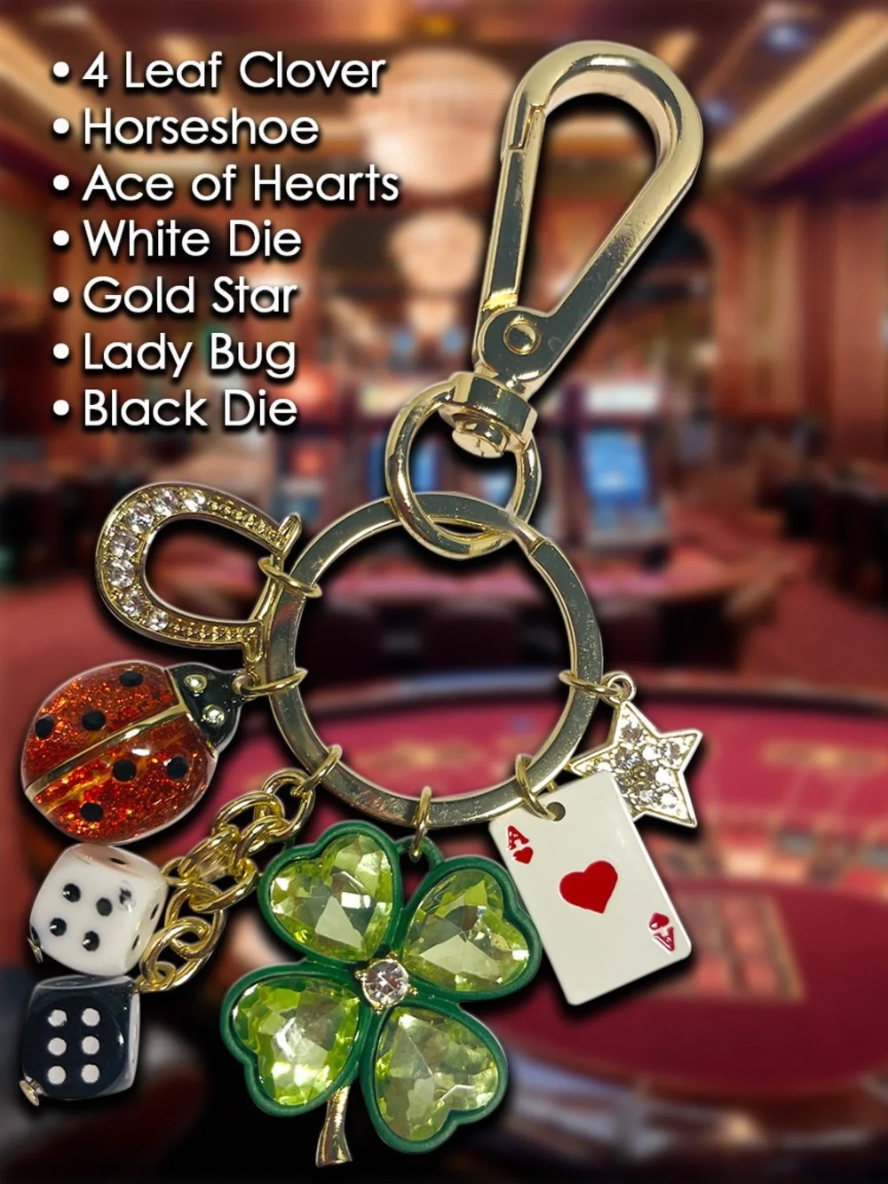 true to form Lucky Charms Green Clover Dice Lady Bug Handbag Charm Keychain